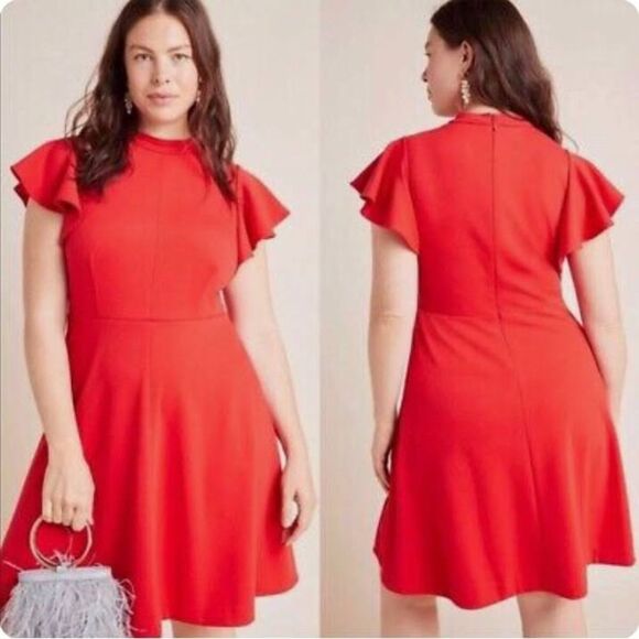 Anthropologie Maeve Deena Red Mock Neck Ruffle Flutter Sleeve Mini Dress XS - Picture 10 of 10